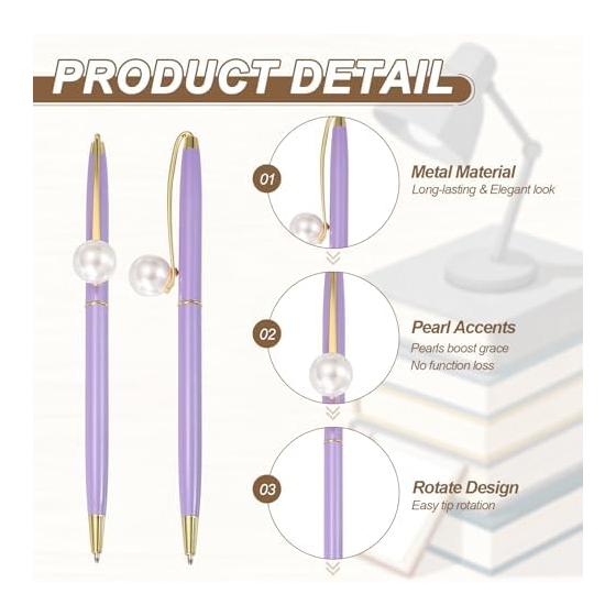 PATIKIL Pearl Embellished Metal Ballpoint Pens (Set of 2) 1.0mm for Wedding, Journaling, Gifts, Office Use, Purple