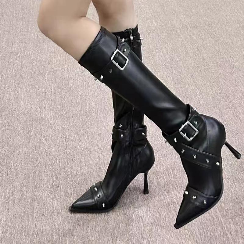 

Элегантные сапоги на высоком каблуке до колена в стиле панк-женская обувь, сексуальные кожаные гладиаторские туфли с острым носком, новые модные готические туфли-лодочки Botas Mujer 40
