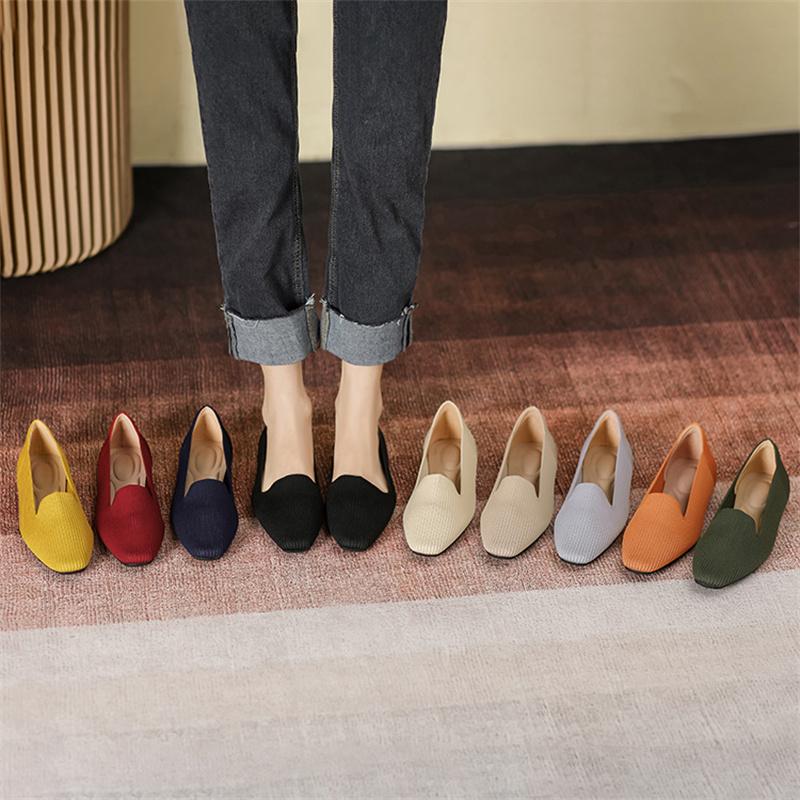 fashion Spring Summer 2024 New Flat-bottomed Square Head Breathable Comfort Women's One Kick Knitted Casual Shallow Shoes Comfortable