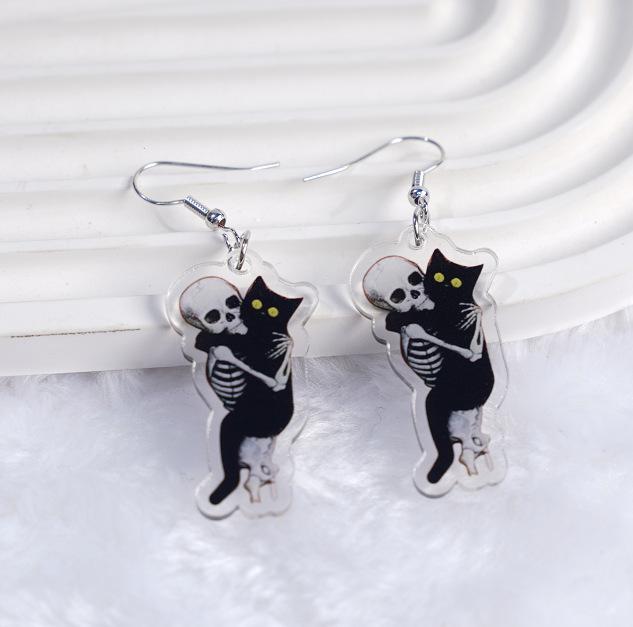 1 Pair of Skeleton Cat Earrings Halloween Ornaments Flat Acrylic Horror Personality Exaggerated Skeleton Earrings