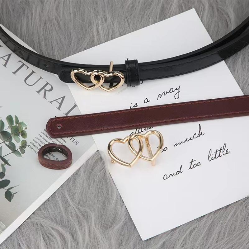 New Double Heart Gold Buckle Fashion Women's Thin Belt Pants Jeans Dress Belt Women Designer Belt