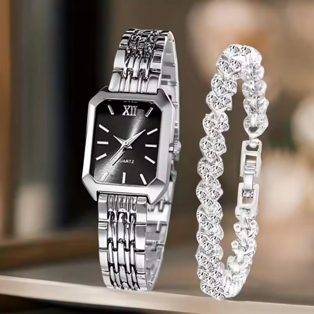 Fashion Stainless Steel Wristwatch Bracelet Set Rhinestone Quartz Quartz Watches Folding buckle Square Strap Watch Student
