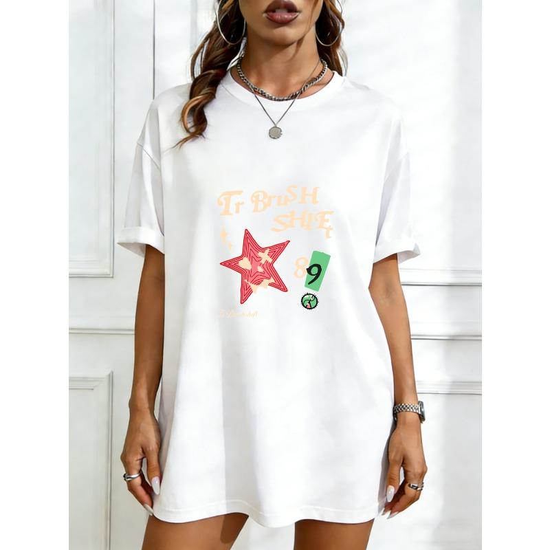 

Oversized T Shirt Black Tr Brush Star 89 Graphic Print Casual Wear For Women Street Style Fashion Top Summer Outfit XXXXL білий