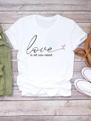 (Asian Size) Women Love Letter Trend Cute Sweet Short Sleeve Fashion Print Lady Tee Top Clothing Casual Tshirt Female Graphic T-shirts