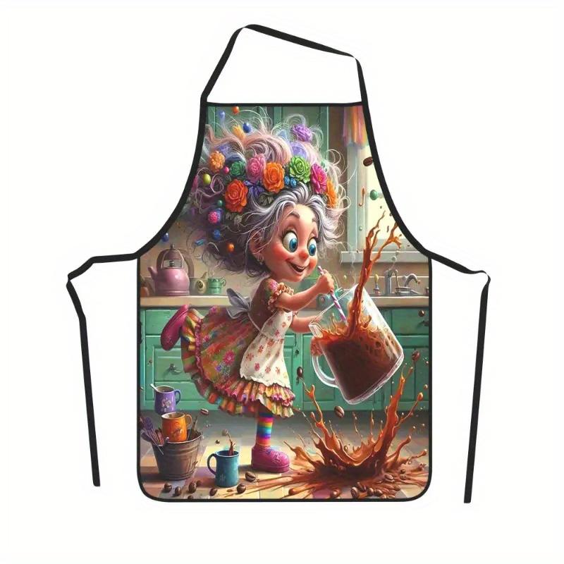 1pc Grandma Floral Dress Cooking Apron with Whimsical Cartoon Design - Durable Polyester Kitchen Apron for Baking, Gardening