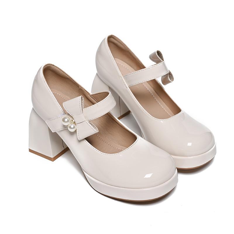 Sapatos Mary Jane de Salto Alto de Couro Sapatos Femininos Sapatos de Salto Grosso Sapatos Femininos de Laço Preto Pequenos de Couro