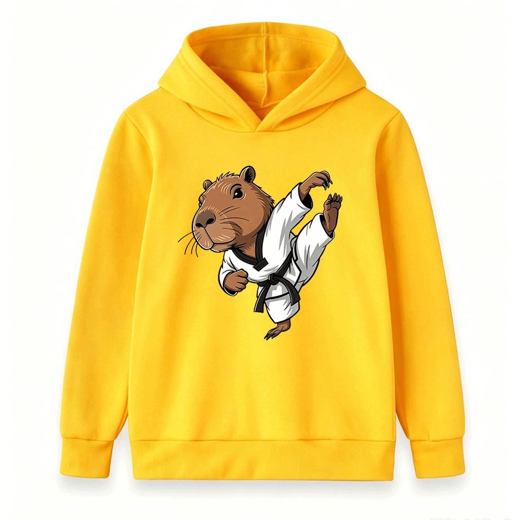 Kids Boys Girls Hoodie, Cute Capybara Taekwondo Karate Print Casual Pullover Sweatshirt for Children Daily Wear