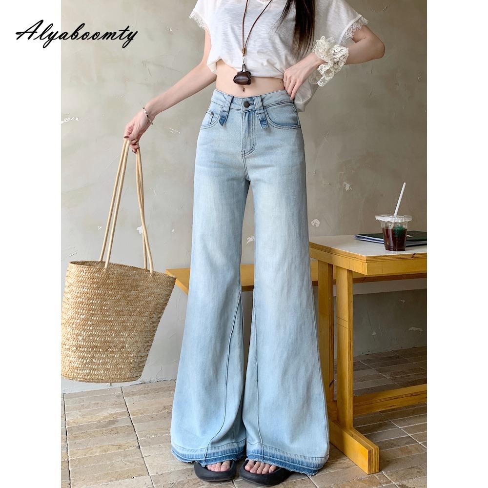 Korean Style Spring Autumn Women Light Blue Flare Jeans High Waist Solid Basic Classical Denim Pants Elegant Vintage Feminine Ladies' Jeans
