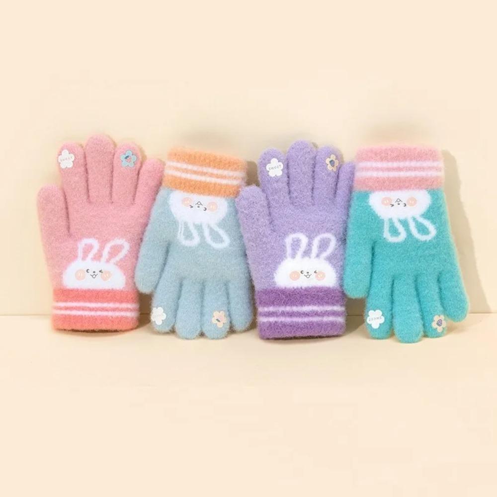 5 Colors Winter Kindergarden Kids Five-Finger Cartoon Knitted Gloves Girls Warm Thickened Plush Gloves Cute Bunny Gloves 3-5Y