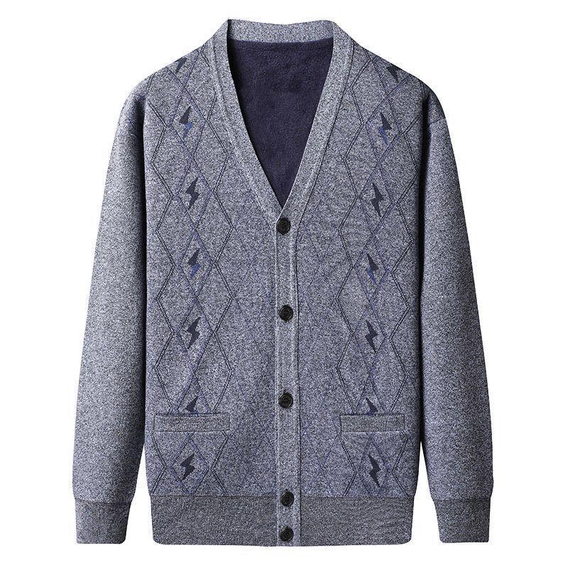 Men's Autumn-Winter Knit Cardigan: Thickened Velvet Sweater for Middle-aged and Elderly Dads and Grandpas.