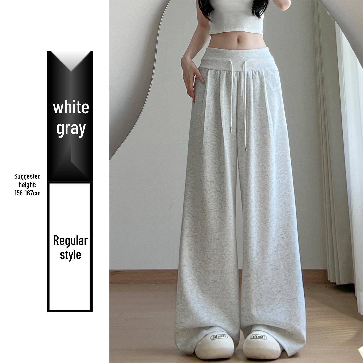

Women s White-Grey American Style Sports Pants, Autumn 2026, Petite, Loose Straight-Leg, Low Waist, Wide-Leg, Good Drape. XS 30-40 kg