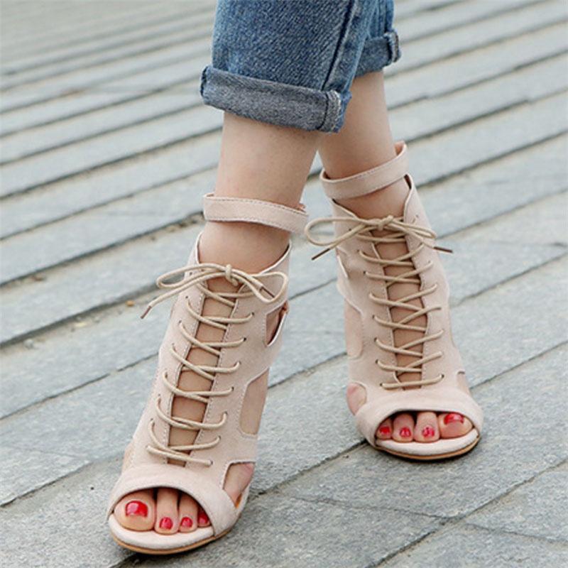 Open Toe Womens Lace Up Ankle Sandal Boots High Chunky Heel Roman Shoes