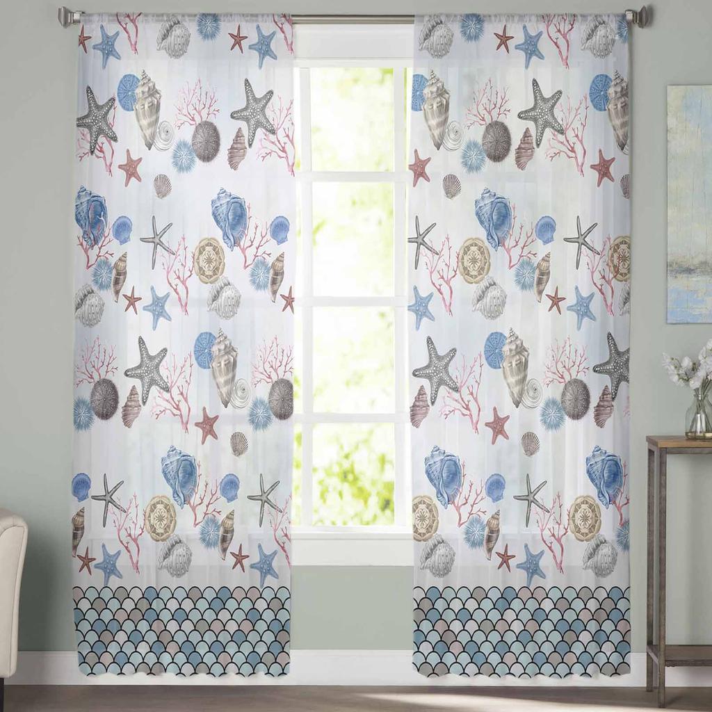 Muscheln Seesterne Schuppen Fenstervorhänge für Wohnzimmer Schlafzimmer Küche Chiffon Transparent Fensterdekoration