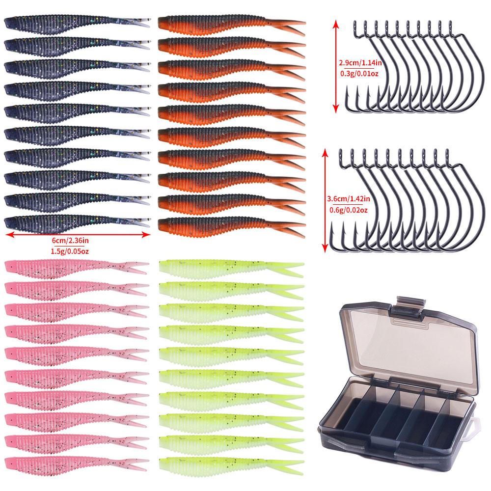 1SET/Offset Worm Hook Set Bionic Fish 6cm V Tail Pesca Gear Crank Swimbait Carp Fishing Tackle Box Bait