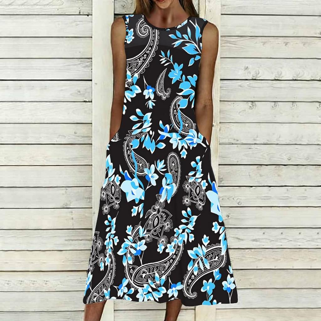 Oversized Women Sleeveless Round Neck Dress Elegant Cluster Flower Printed Loose Mid Calf Dress