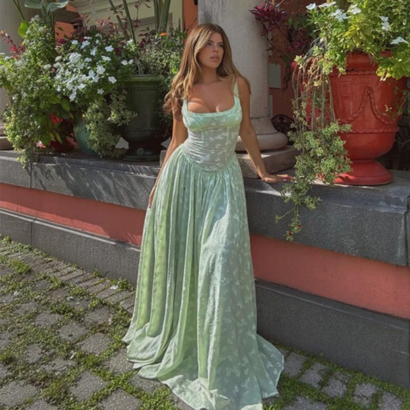 Womens Square Neck Slip Dress Sexy Backless Split Maxi Streetwear