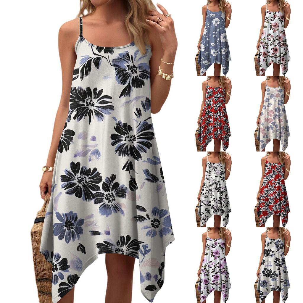 Women's Summer Casual Vintage Floral Print Round Neck Adjustable Suspender Dress With Pockets
