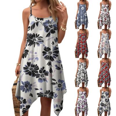 Women's Summer Casual Vintage Floral Print Round Neck Adjustable Suspender Dress With Pockets