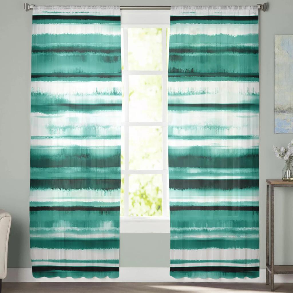 Watercolor Stripe Gradient Green Bedroom Transparent Sheer Curtains Holiday Decoration Window Voile Tulle Curtain