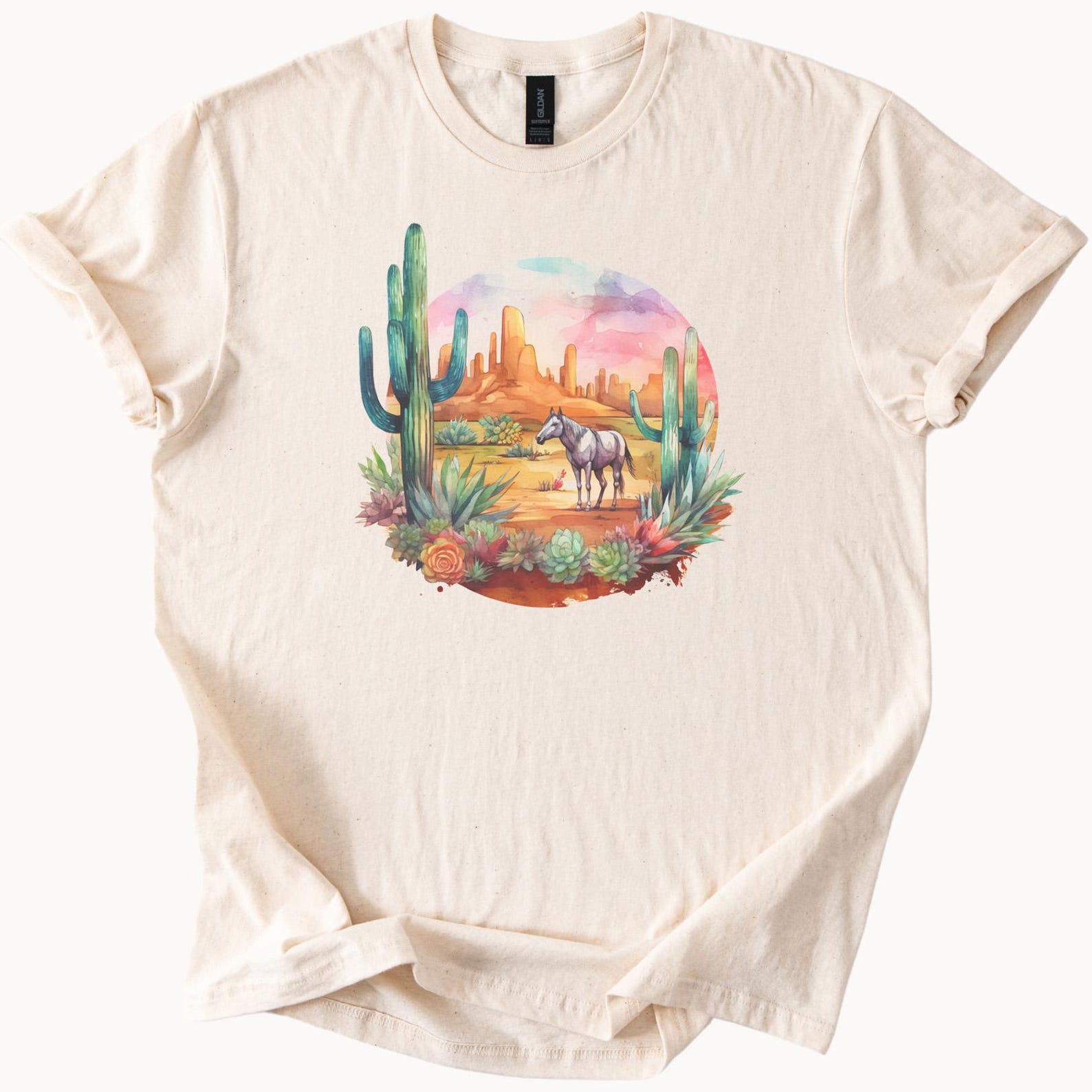 Desert Horse T Shirt Southwestern Cactus Succulent Graphic Tee Western Landscape Art Shirt Wild West Nature Scene Apparel 120