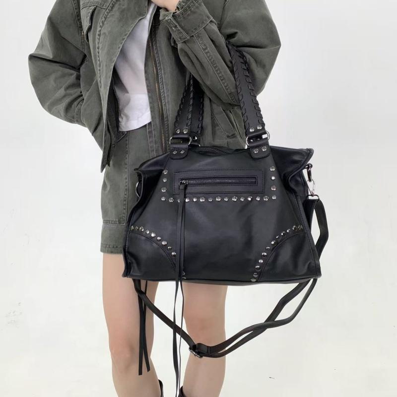 

Retro Street Rivet Motorcycle Handbag Large Capacity Classic Black Women s Tote Bag Tassel Decoration Shoulder Bag