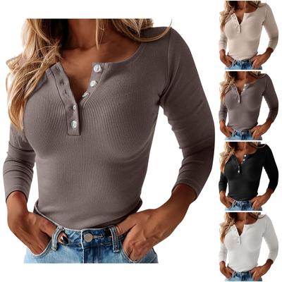 Women's Button V-neck Sexy Solid Color Knitted Cotton Top