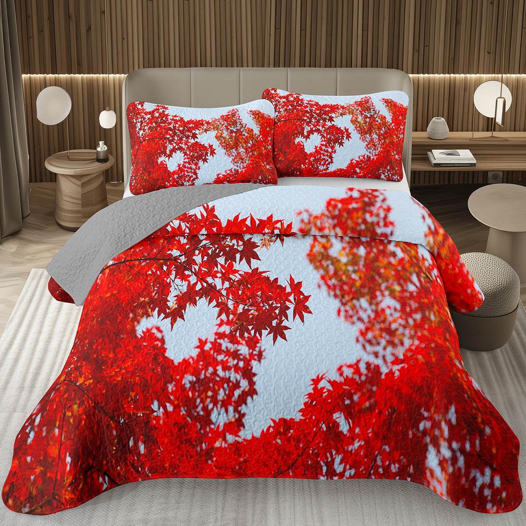 Fall Leaves Bedspread Set Queen/Twin, Autumn Maple Leaf Quilt Set, Soft Lightweight Botanical Coverlet, Rustic Farmhouse Bedding