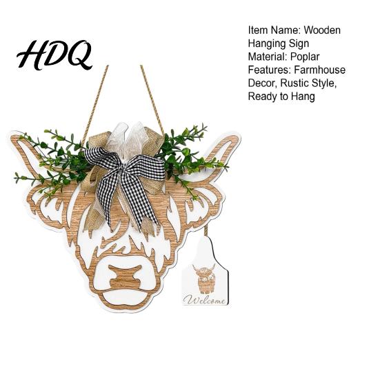 Rustic Wooden Ornament with Green Leaves Highland Cow Welcome Sign Hanging Sign Bow And Porch Decoration for Home Artificial Leaves Farmhouse Front