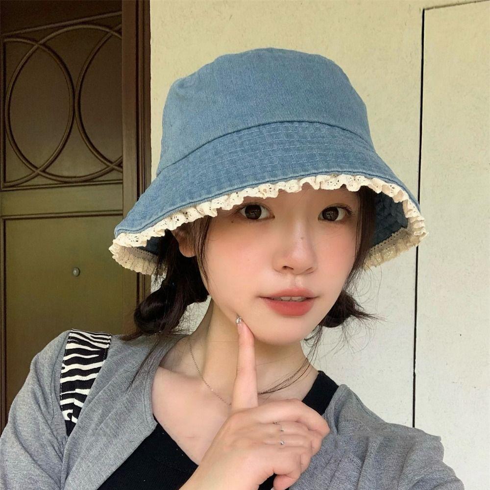Y2K Lace Fisherman Hat Sunscreen Panama Hat Retro Denim Bucket Hat  Climbing