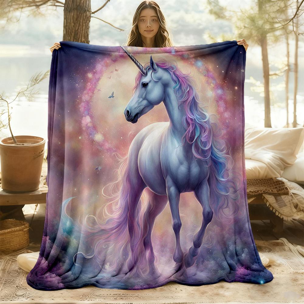 1pc Unicorn Fantasy Flannel Blanket, Comfortable and Warm Blanket, for Camping Sofa Bed and Couch Office037