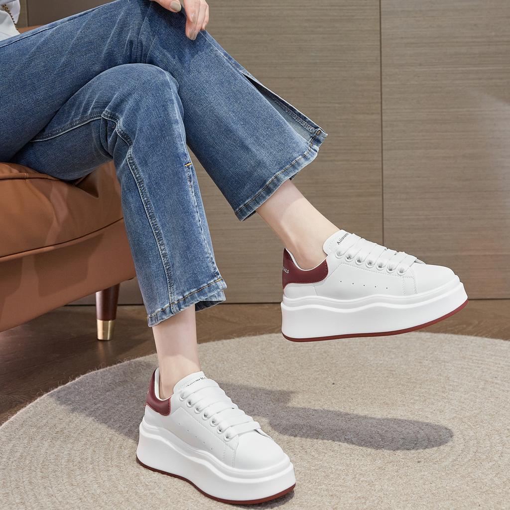 Thick-soled Inner Height-increasing Board Shoes Women's Spring New Leather Wavy-soled White Shoes Muffin Sports and Leisure Shoes