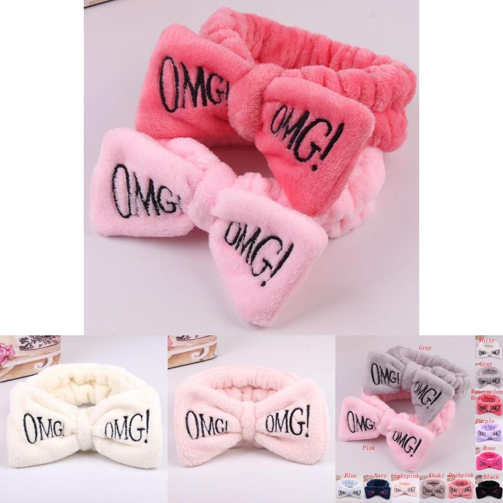 Versatile Candy Color Omg Letters Bow Headband Coral Fleece For Daily Facial Routines