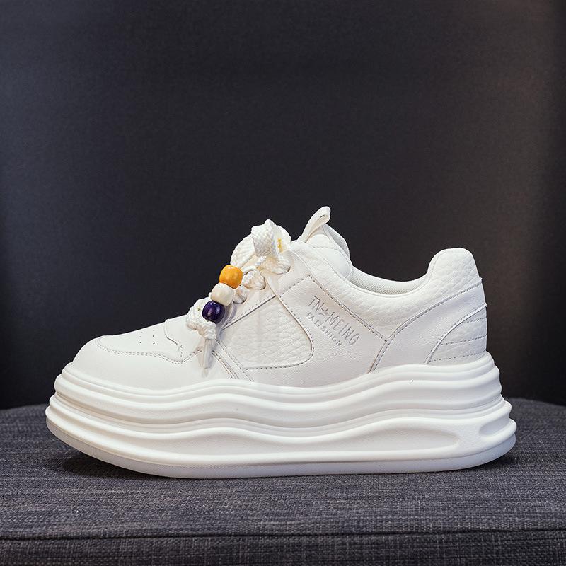 Platform White Shoes Women's Autumn New Round Head Lace-up Versatile Height-increasing Sports and Leisure Shoes Small Board Shoes