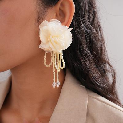 European and American Exaggerated Chiffon Flower Glass Fringed Silver Needle Earrings, Elegant Personality, Niche Earrings for 