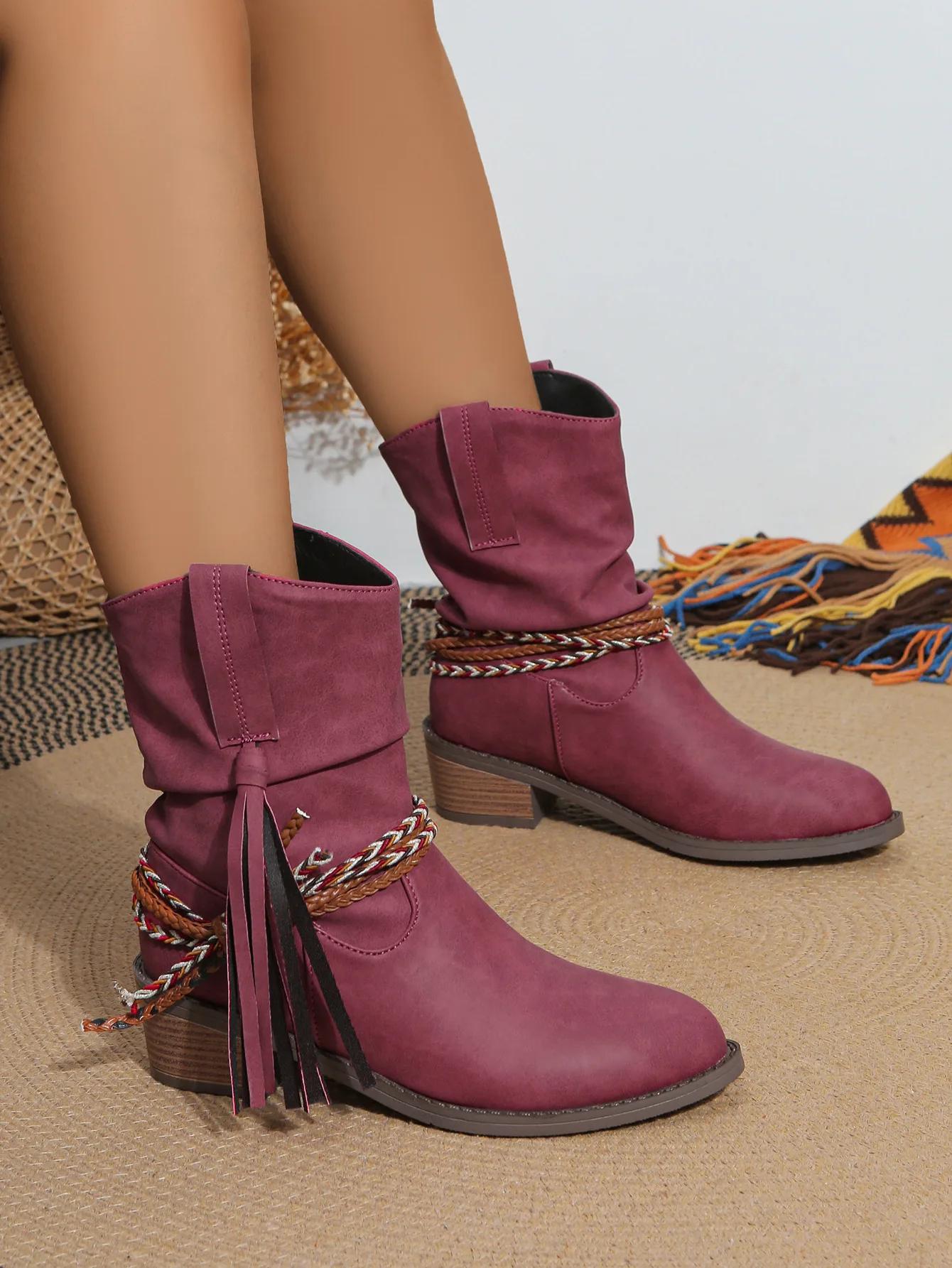 

Пиратские сапоги женские плиссированные кисточки до середины голени женские с острым носком на толстом каблуке короткие женские без застежек большого размера 43 43 красный