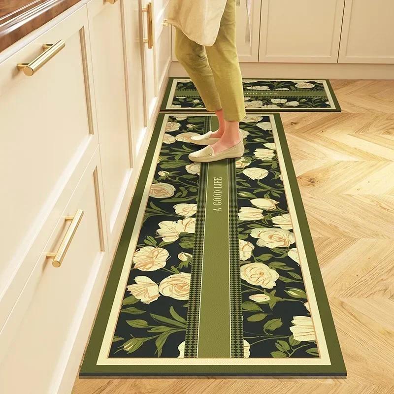 Kitchen Floor Mat PVC Leather Waterproof Carpet Non-slip Foot Mats Long Rug Flower Pastoral Style Home Decoration Rugs Alfombra