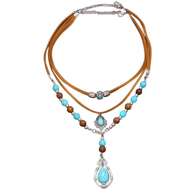 Vintage Multi-layer Women's Leather Rope Necklace Ethnic Style Turquoise Pendant Collarbone Chain Bohemian Jewelry Accessories