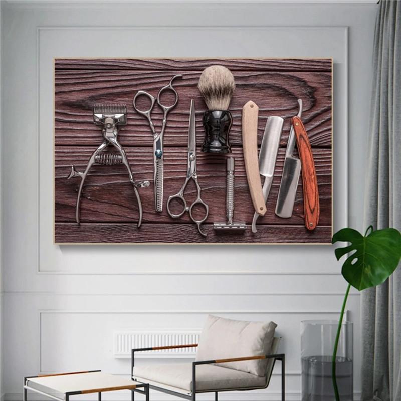 

Винтажные парикмахерские инструменты для стрижки, холст, художественные картинки на плакатах и ​​принтах, ретро настенные картины для украшения стен салона 21*30cm