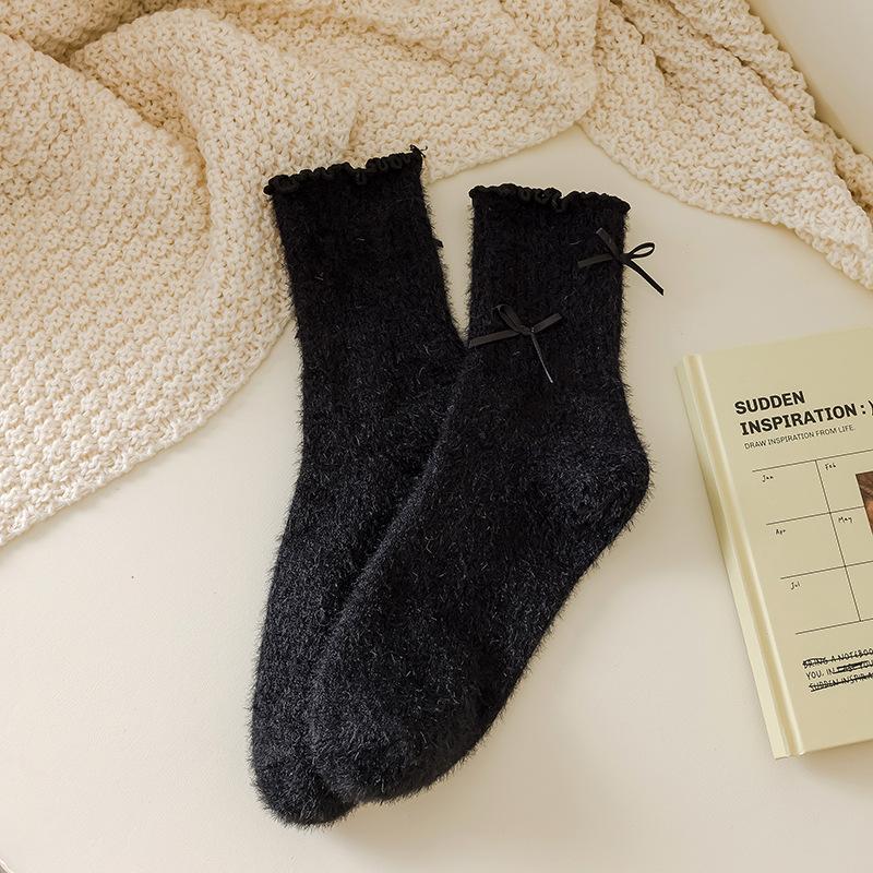 Ladies Autumn and Winter Thickened Velvet Warm Lovely Sweet Bow Lace Mid Tube Socks