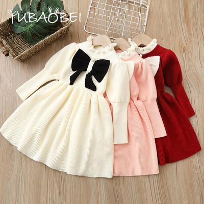 Vestido de punto para niñas, Otoño Invierno, lazo para niños, moda de manga larga, vestidos de princesa rosa, ropa para niños