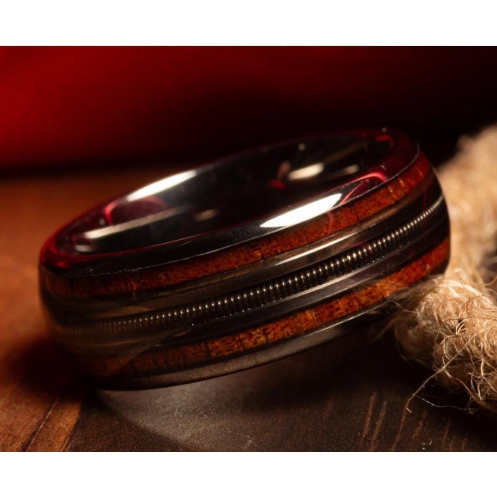 

Single Piece Retro Niche 8mm Stainless Steel Smooth Inlaid Guitar Wire Barrel Wood Ring Men s And Women s Fashion Ring 8 чёрный