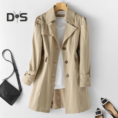 Women Fall Spring Coat Slim Fit Single-breasted Solid Color Turn-down Collar Pockets Mid Length Korean Style Overcoat Outdoor Jacket
