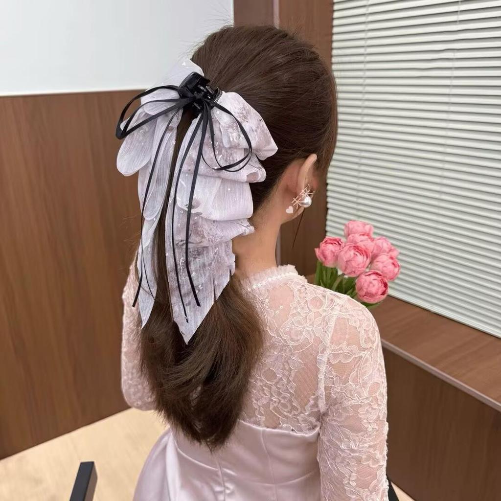 Koreanische florale Schleifen-Klauen-Haarspange für Frauen - Süßer Stil, Halboffene Hochsteckfrisur, Ponytail-Accessoire