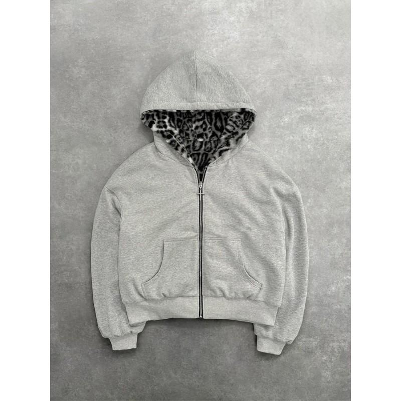 Mens Reversible Leopard Print Hooded Zip-Up Oversized Sweatshirt Winter Casual Wear