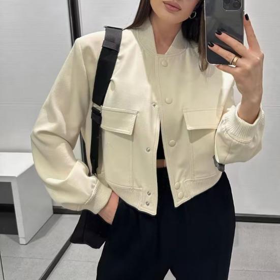 Women's Cropped Jackets Stand Collar Varsity Shacket Coat Casual Button Down Long Sleeve Spring Autumn Outerwear