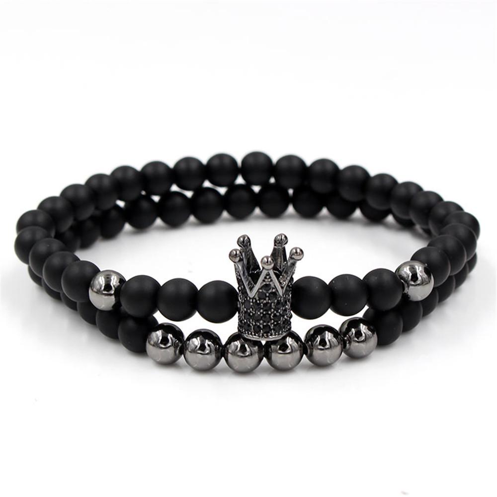 European and American Exaggerated 1mm Black Matte Copper Bead Bracelet, Micro-inlaid Zircon Crown Bracelet, Set.