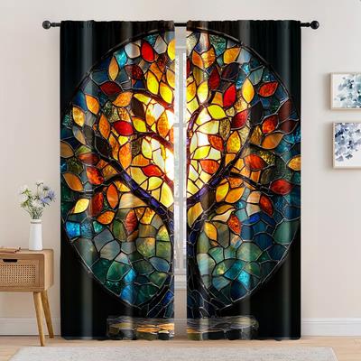 2-teilig, Fenstervorhänge Farbe Mosaikbaumkunst 100% Polyester, Ohne Strom Familienparty-Dekoration Perfekt für Feiertage