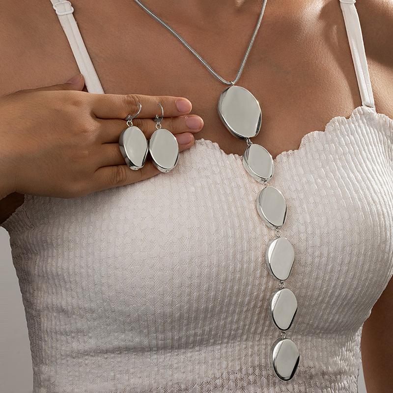 

2Pcs/set Minimalist Ellipse Splice Earrings Necklace for Women Smooth Long Pendant Long Y-Shape Metal Style Jewelry Set