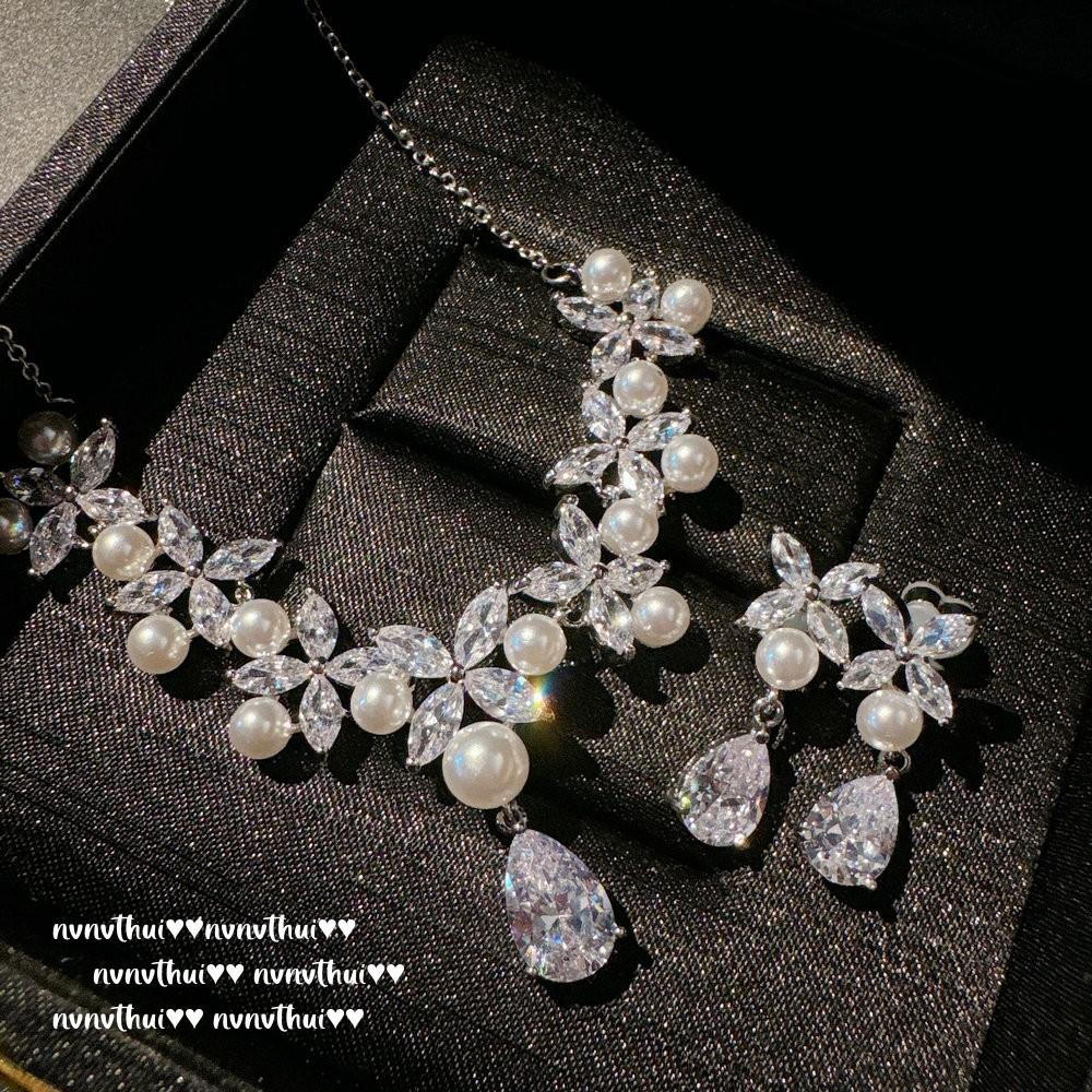 Austrian Court Vine Pearl Water Drop Gem Necklace Vintage Plated 18K Gold, Flower Zircon Earrings
