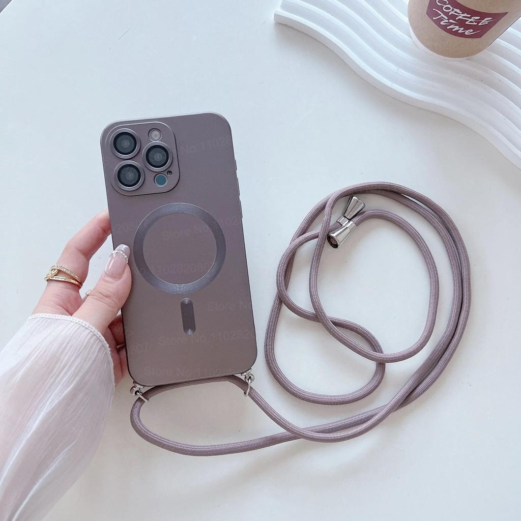 Fashion Magnetic Phone Case for IPhone 17 16 15 14 Plus 13 12 Pro Max with Crossbody Strap Shockproof Matte Lanyard Rope Cover